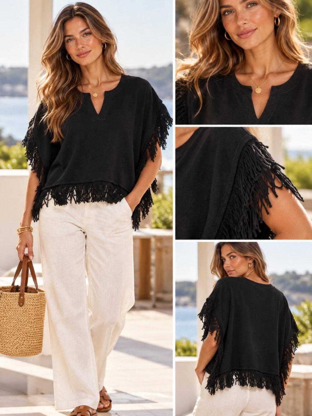 Lauren Ralph Lauren Women’s Black French Terry Fringe Poncho Split Neck Size S